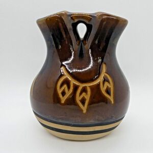 Small Pottery Wedding Vase Brown Southwestern Glazed Etched Signed 5.4in Tall